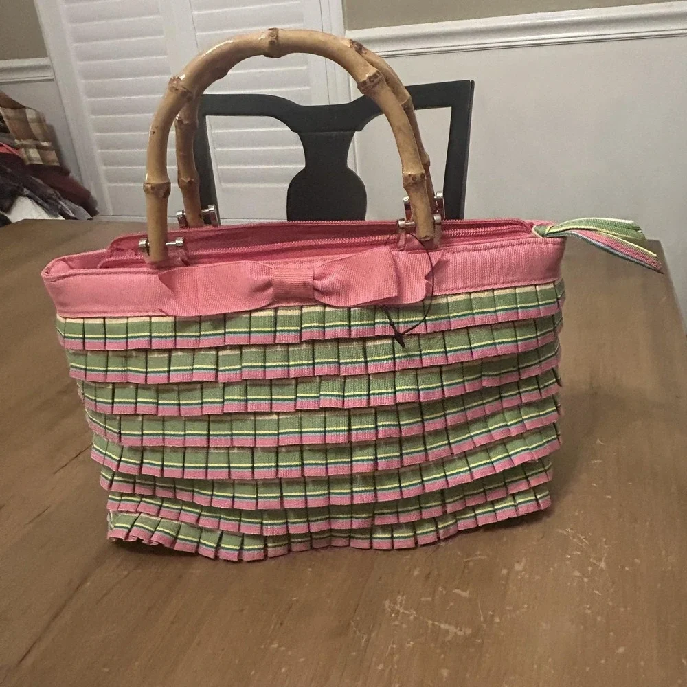 Braciano Top Handle Bag Womens Small Pink Striped Pleated Bamboo Bow Purse